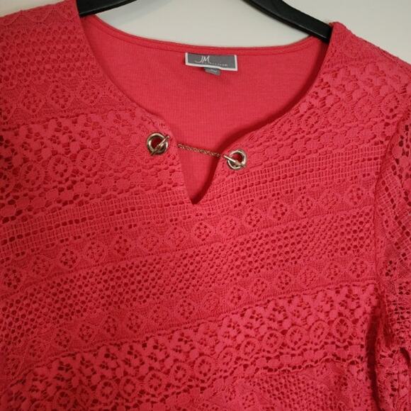 JM Collection Women's Top Large Lace Shell on Lining 3/4 Sleeve Gold Chain Neck - Picture 6 of 11